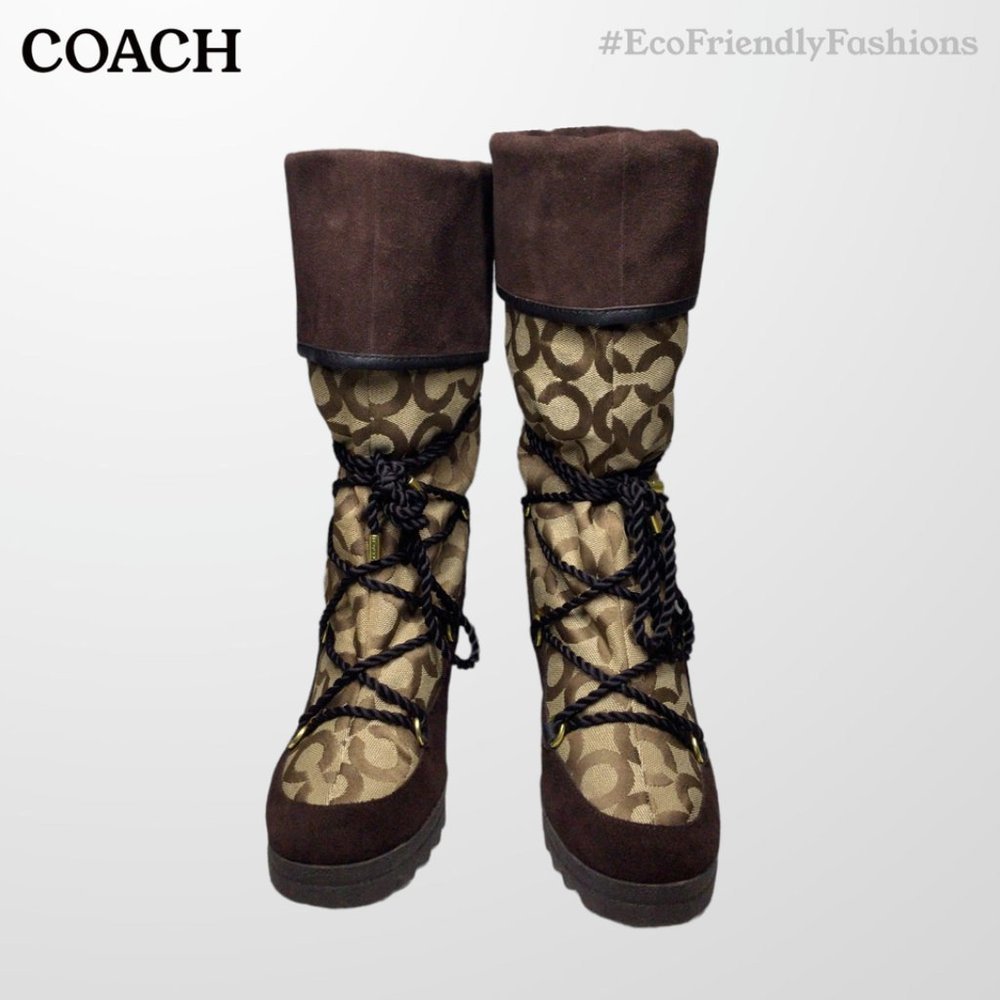 Coach Womens Maisy Signature C Logo Brown Leather & Canvas Wedge Boots Size 7 - Picture 2 of 5